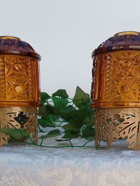 Set Vintage Indiana Glass Amber Stars And Bars Fairy Lamp Set MCM Candle Lamps